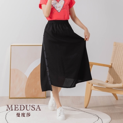 【MEDUSA 曼度莎】側織帶排釦裝飾休閒裙（M-XL）｜女裝 裙子 中長裙｜休閒穿搭