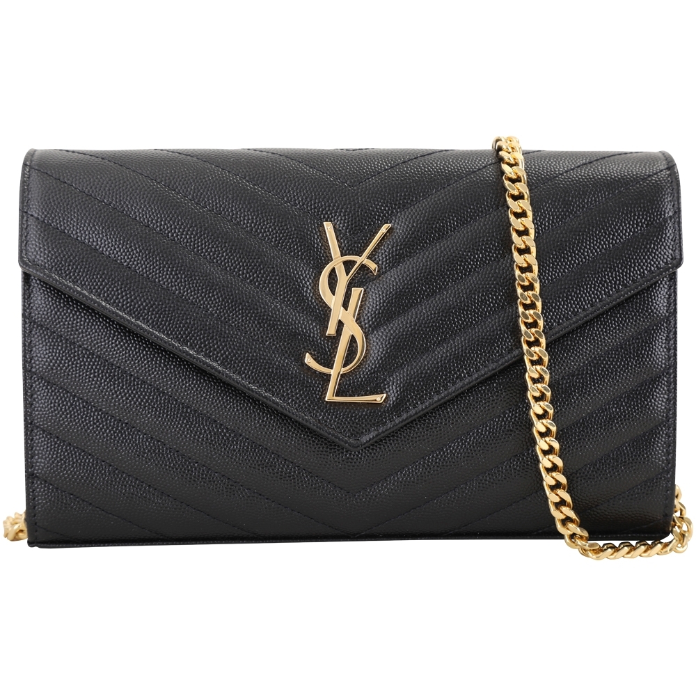 YSL Saint Laurent Monogram 大型魚子醬牛皮鍊帶信封款斜背包(黑色)