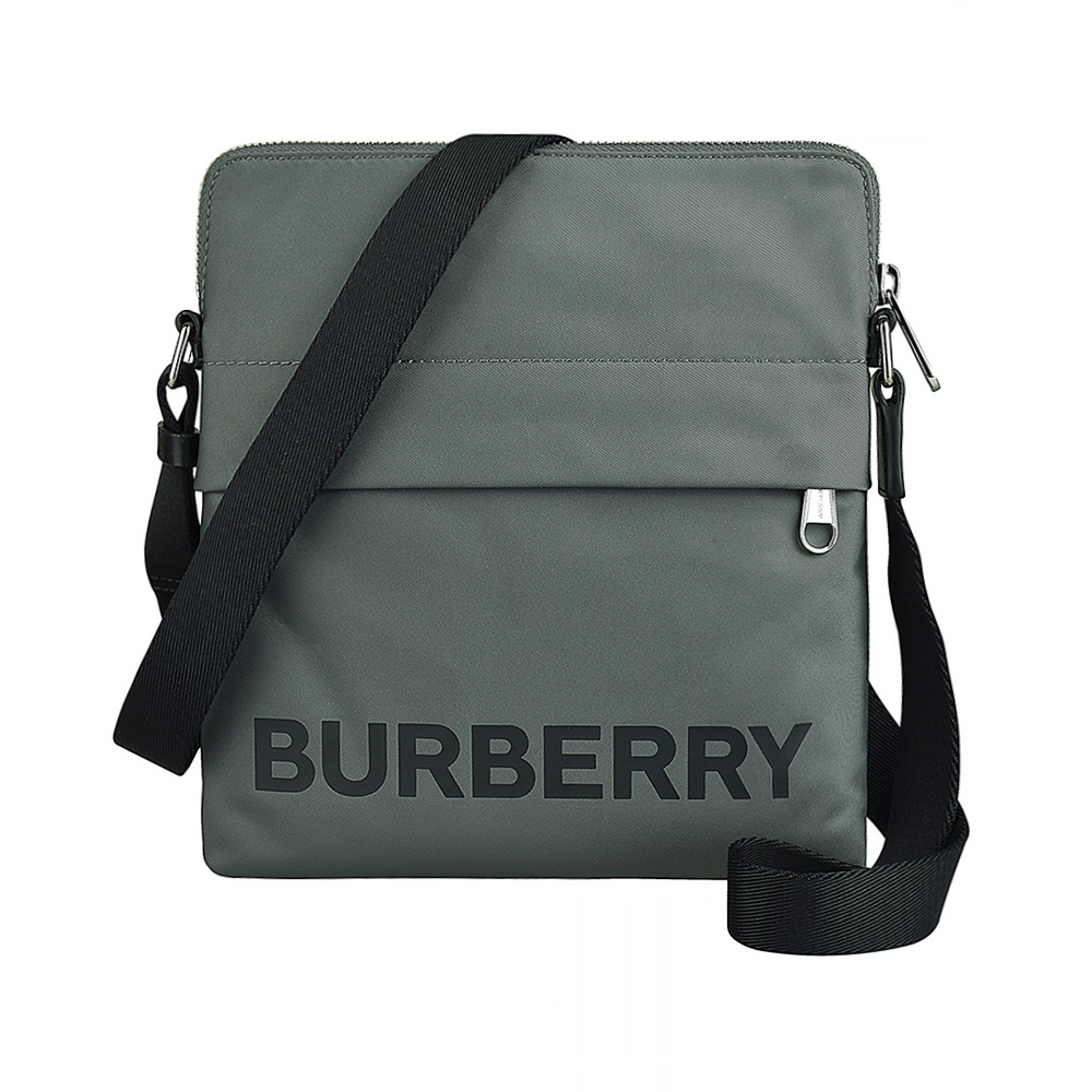 BURBERRY Neo燙印黑字LOGO尼龍拉鍊斜背扁包(灰)