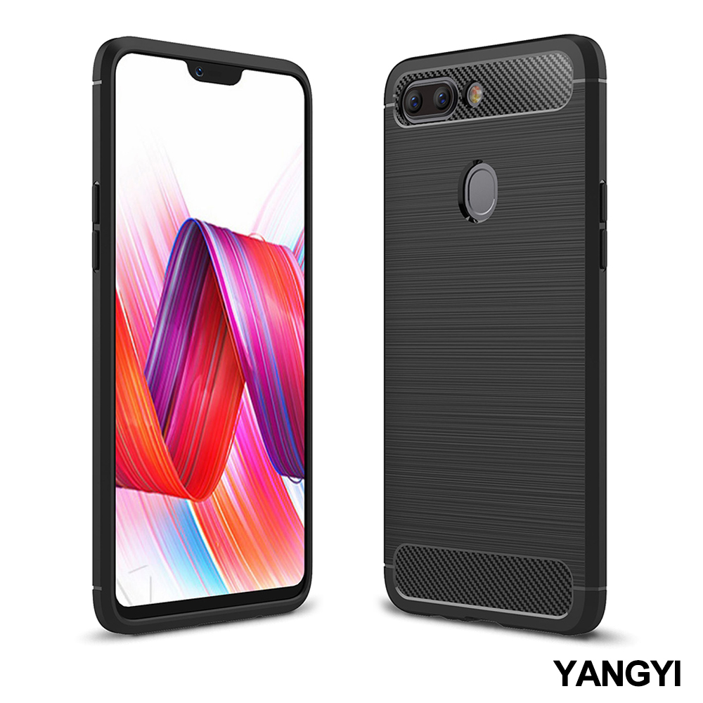 YANGYI揚邑 OPPO R15 6.28吋 碳纖維拉絲紋軟殼散熱防震抗摔手機殼-黑