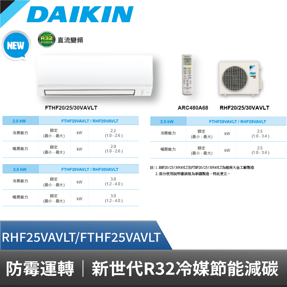 DAIKIN 大金 3-5坪 經典V系列變頻冷暖空調 RHF25VAVLT FTHF25VAVLT 贈基本安裝