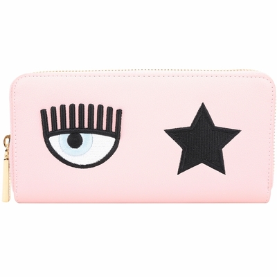 Chiara Ferragni Eye Star 刺繡星星眨眼拼色襯裡荔紋皮拉鍊長夾(淺粉x藍色)