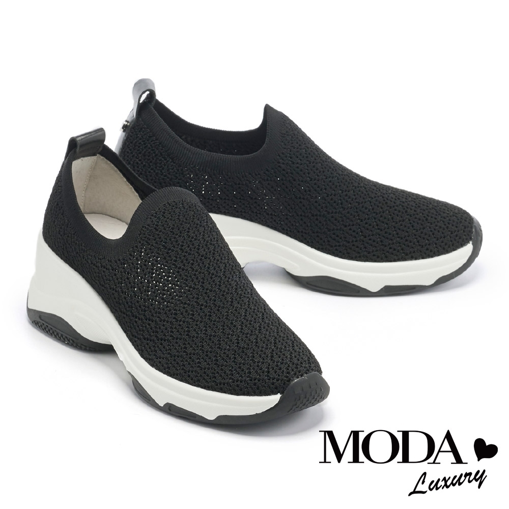 休閒鞋 MODA Luxury 簡約率性飛織拼接牛皮厚底休閒鞋－黑