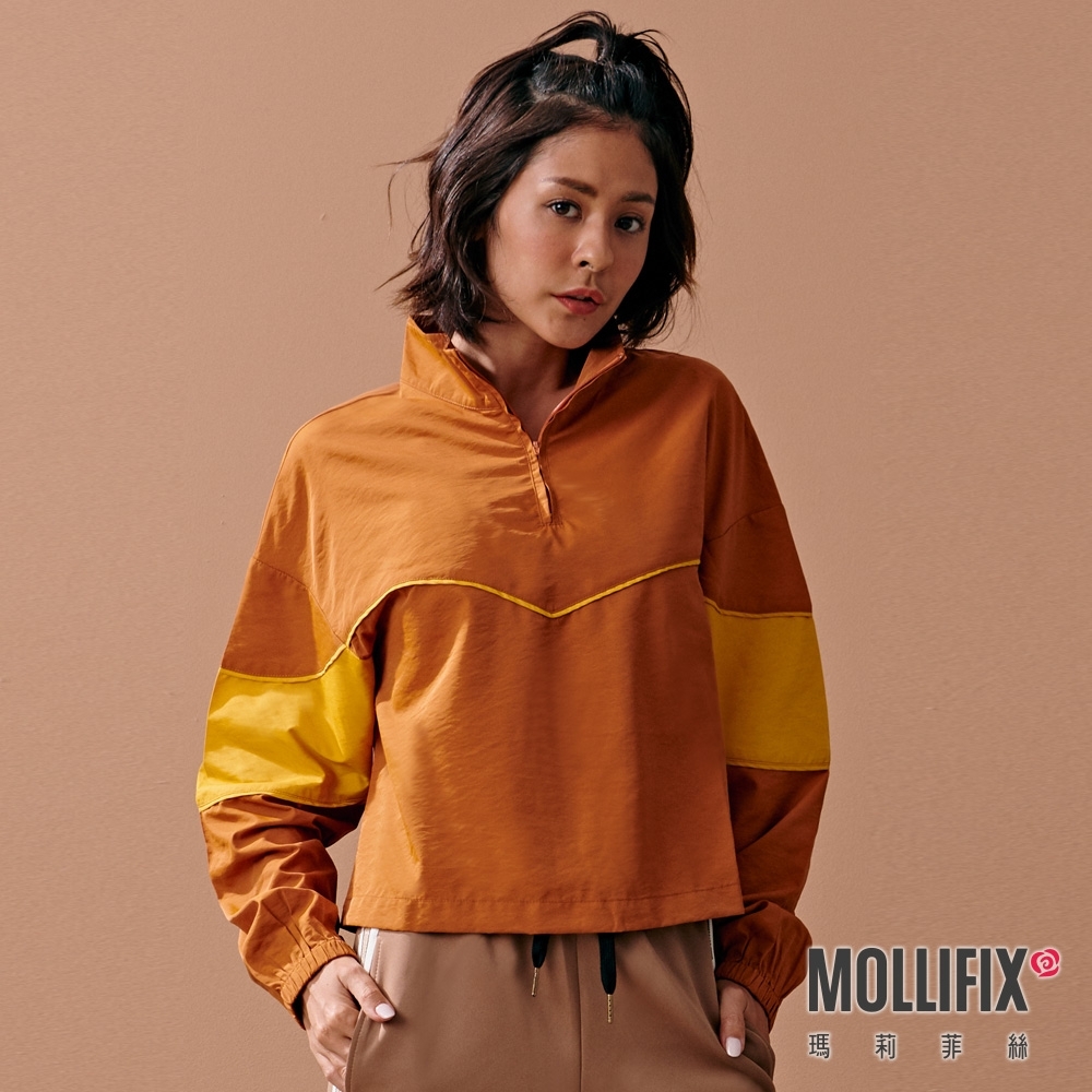 Mollifix 瑪莉菲絲 率性撞色立領長袖上衣 (棕色)