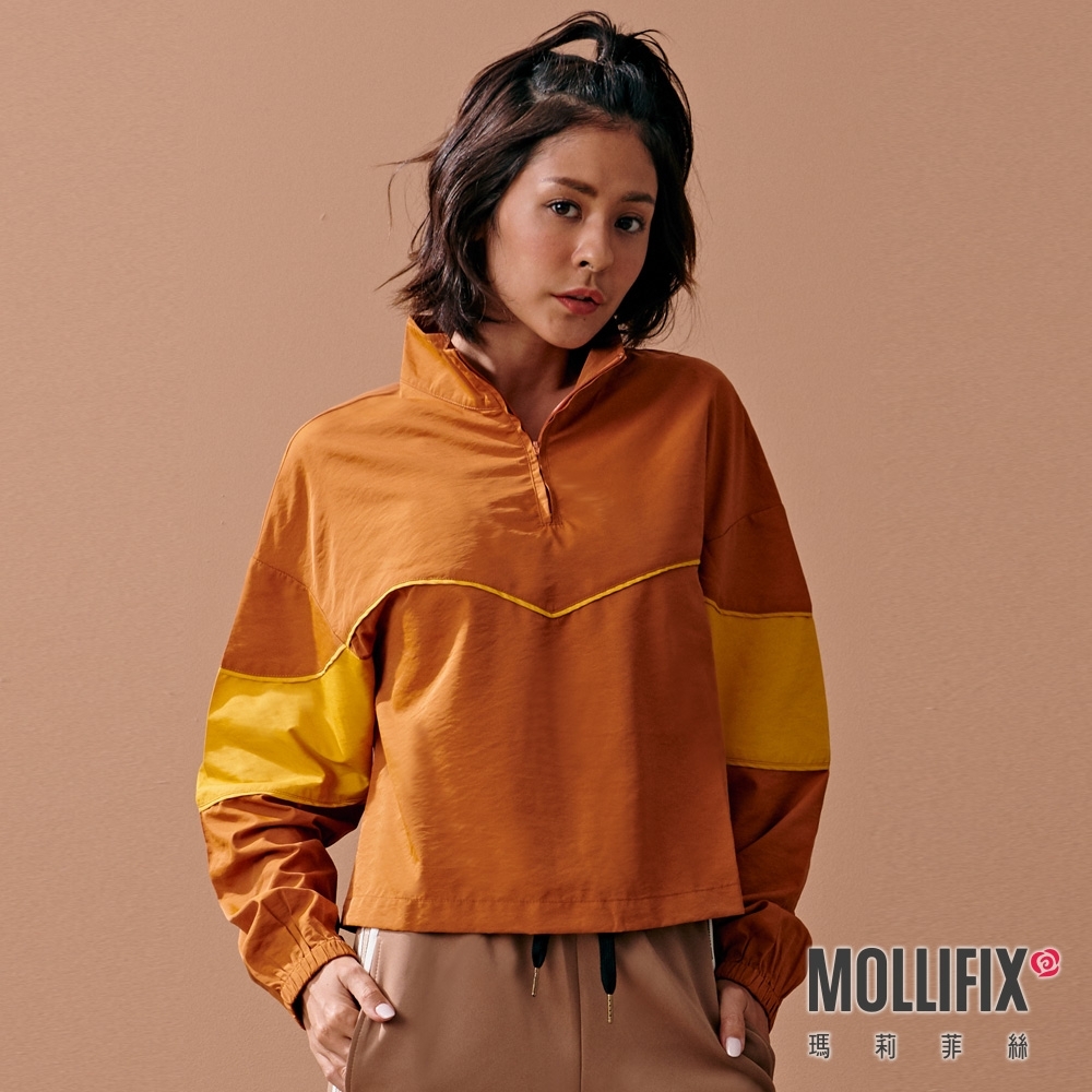 Mollifix 瑪莉菲絲 率性撞色立領長袖上衣 (棕色) 暢貨出清