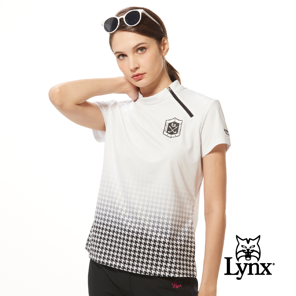【Lynx Golf】女款吸溼排汗機能側開拉鍊造型半身千鳥紋印花短袖POLO衫/高爾夫球衫-白色