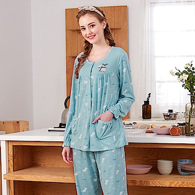 睡衣 小貴賓狗 針織棉長袖兩件式睡衣(R77209-4藍綠色) 蕾妮塔塔