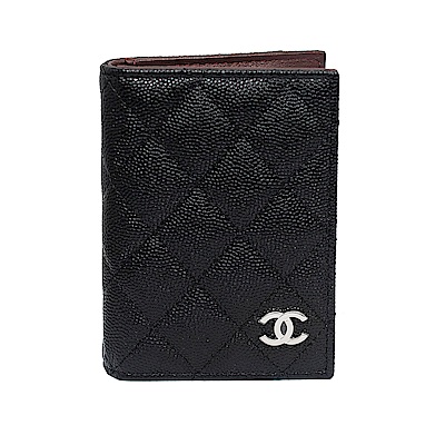 CHANEL 經典雙C金色LOGO菱格小香荔枝紋牛皮掀開式卡片夾 黑色