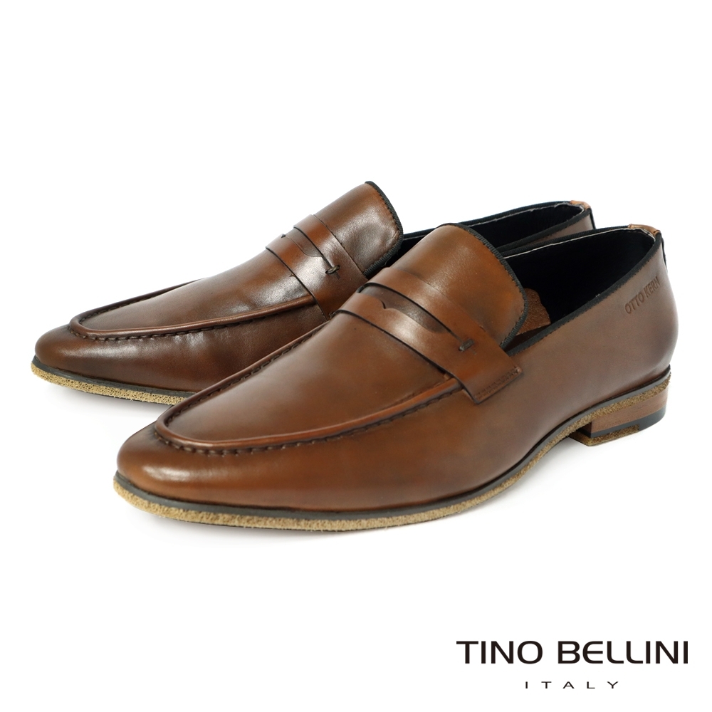 TINO BELLINI 男款牛皮紳士雅痞素面樂福鞋-駝