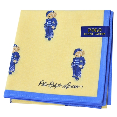 RALPH LAUREN POLO 優雅繽紛品牌小熊LOGO字母圖騰帕領巾(黃/寶藍邊/53CM)