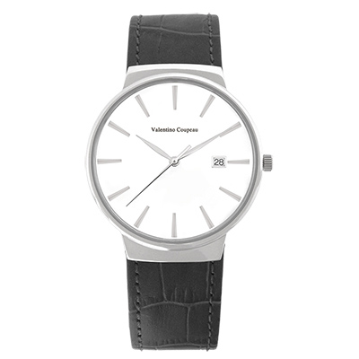 Valentino Coupeau 范倫鐵諾 古柏 時尚極簡設計腕錶【銀色/黑皮/白釘】