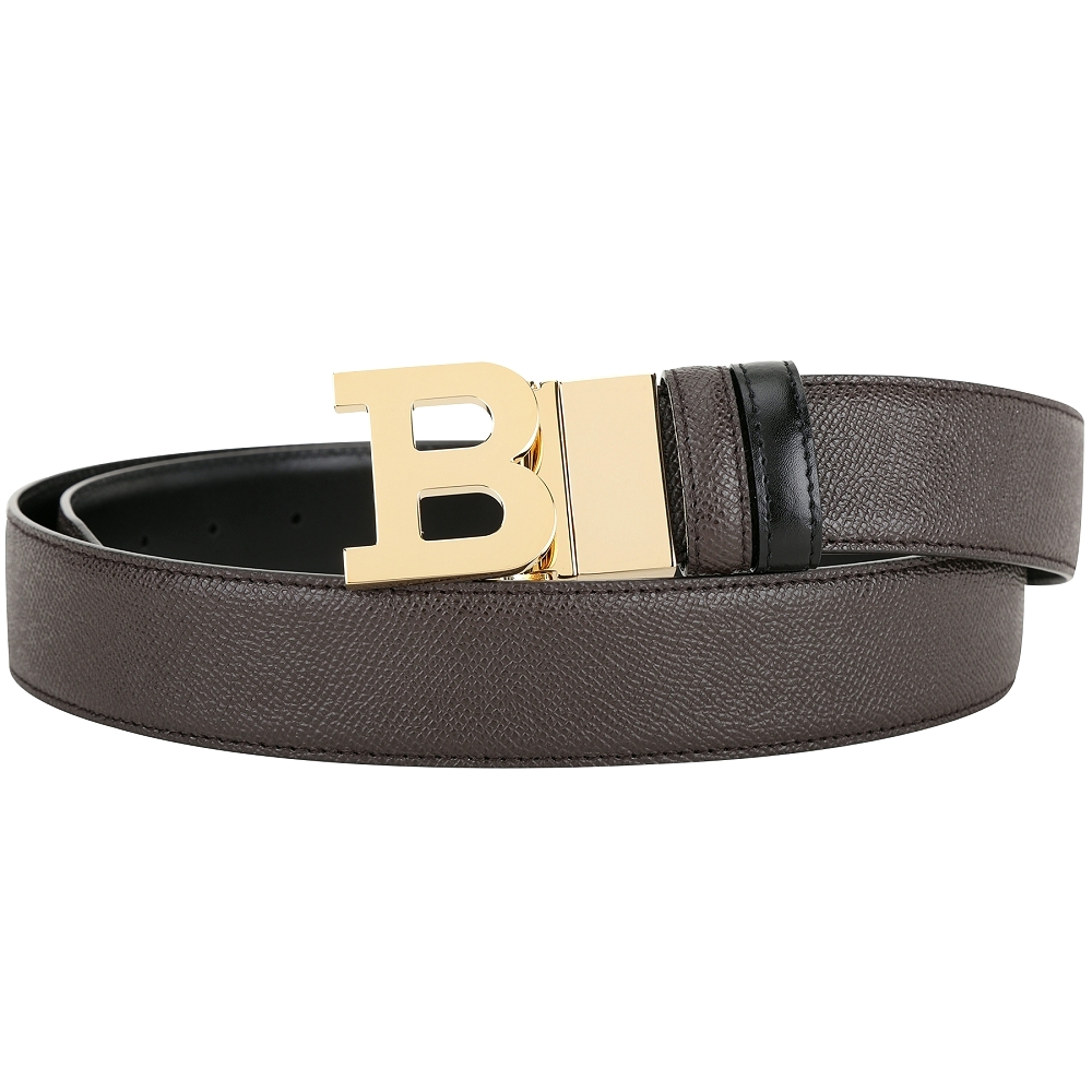 BALLY B BUCKLE 雙面兩用牛皮腰帶(男款/咖x黑色)