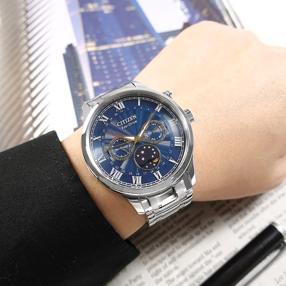 CITIZEN 光動能 月相錶 羅馬刻度 不鏽鋼手錶-藍色/42mm