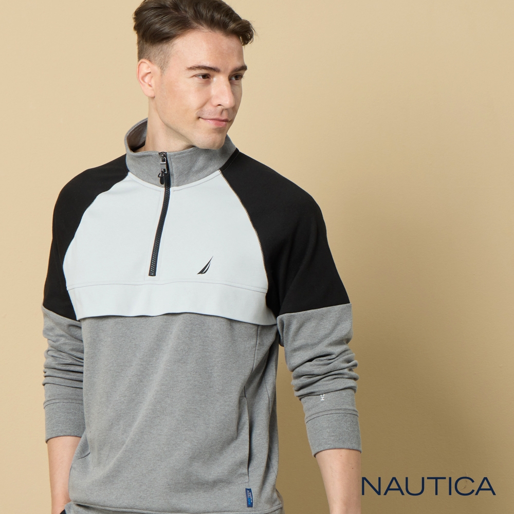 Nautica 男裝 立領吸濕排汗修身拉鍊長袖POLO衫-灰