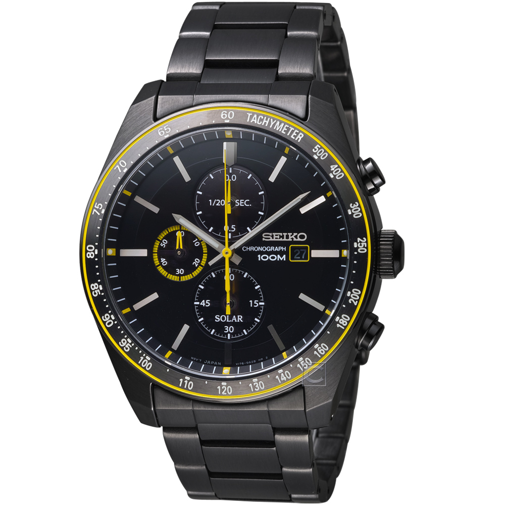 精工SEIKO 潮流時尚太陽能計時腕錶(SSC729P1)-黑黃 ˍSK040