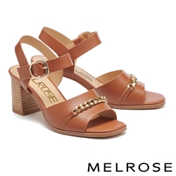 涼鞋 MELROSE 氣質時髦金屬鏈條牛皮方頭高跟涼鞋－棕