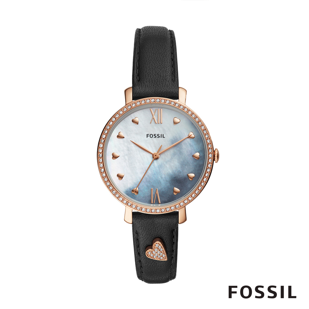 FOSSIL JACQUELINE 黑色鑲鑽愛心皮革女錶 36mm ES4533