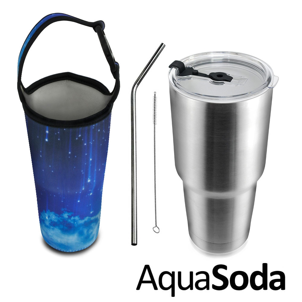 AquaSoda 304不鏽鋼陶瓷雙層保溫保冰杯900ml (提袋組)