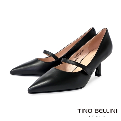 Tino Bellini 羊皮一字帶瑪莉珍尖頭6.5CM跟鞋-黑