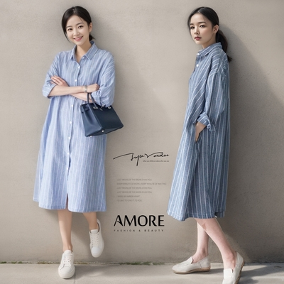 【Amore】韓系經典條紋棉麻口袋長版襯衫