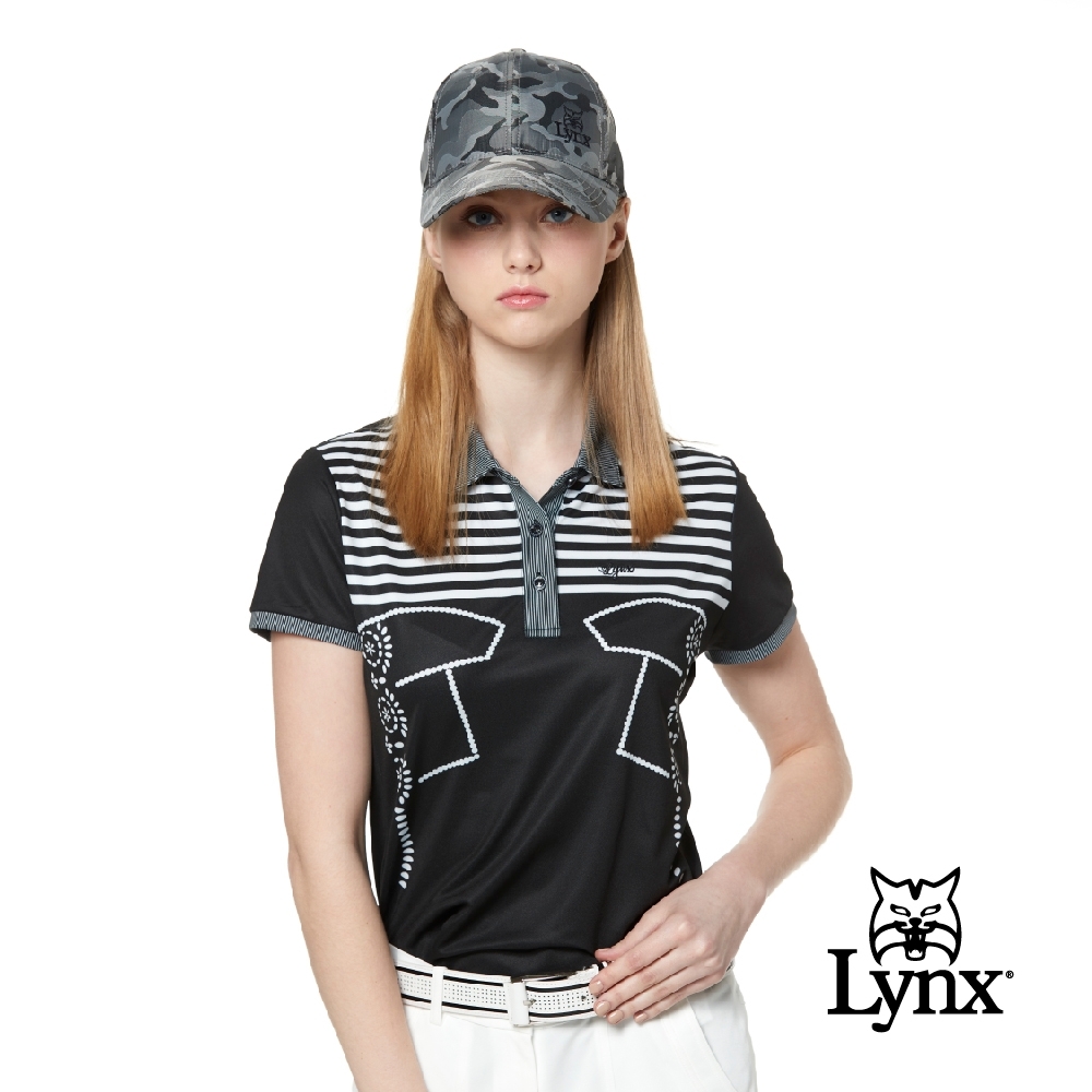【Lynx Golf】女款吸汗速乾條紋配布公主線剪接短袖POLO衫-黑色