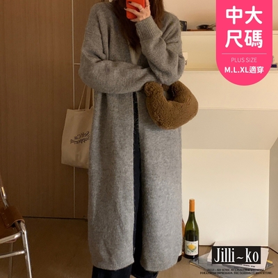 JILLI-KO 長袖針織開衫女慵懶風寬鬆中長款過膝毛衣外套中大碼- 灰/卡其