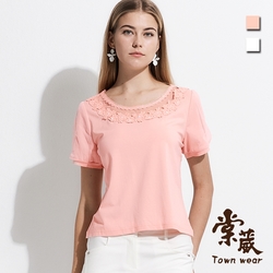 【TOWNWEAR棠葳】優雅透膚蕾絲棉質T恤 2色(女上衣/短袖/圓領/氣質)