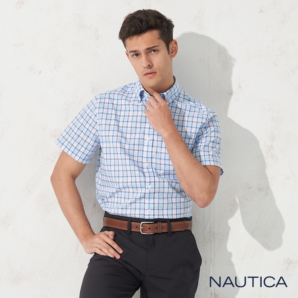 Nautica 經典細格紋短袖襯衫-淺藍