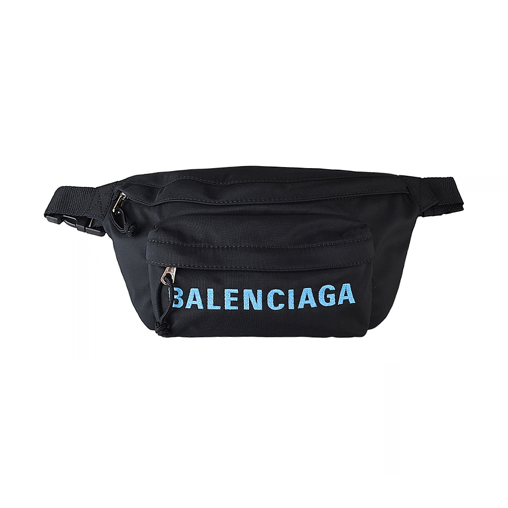 展示品BALENCIAGA巴黎世家WHEEL字母LOGO尼龍拉鍊胸腰包(黑x藍字)