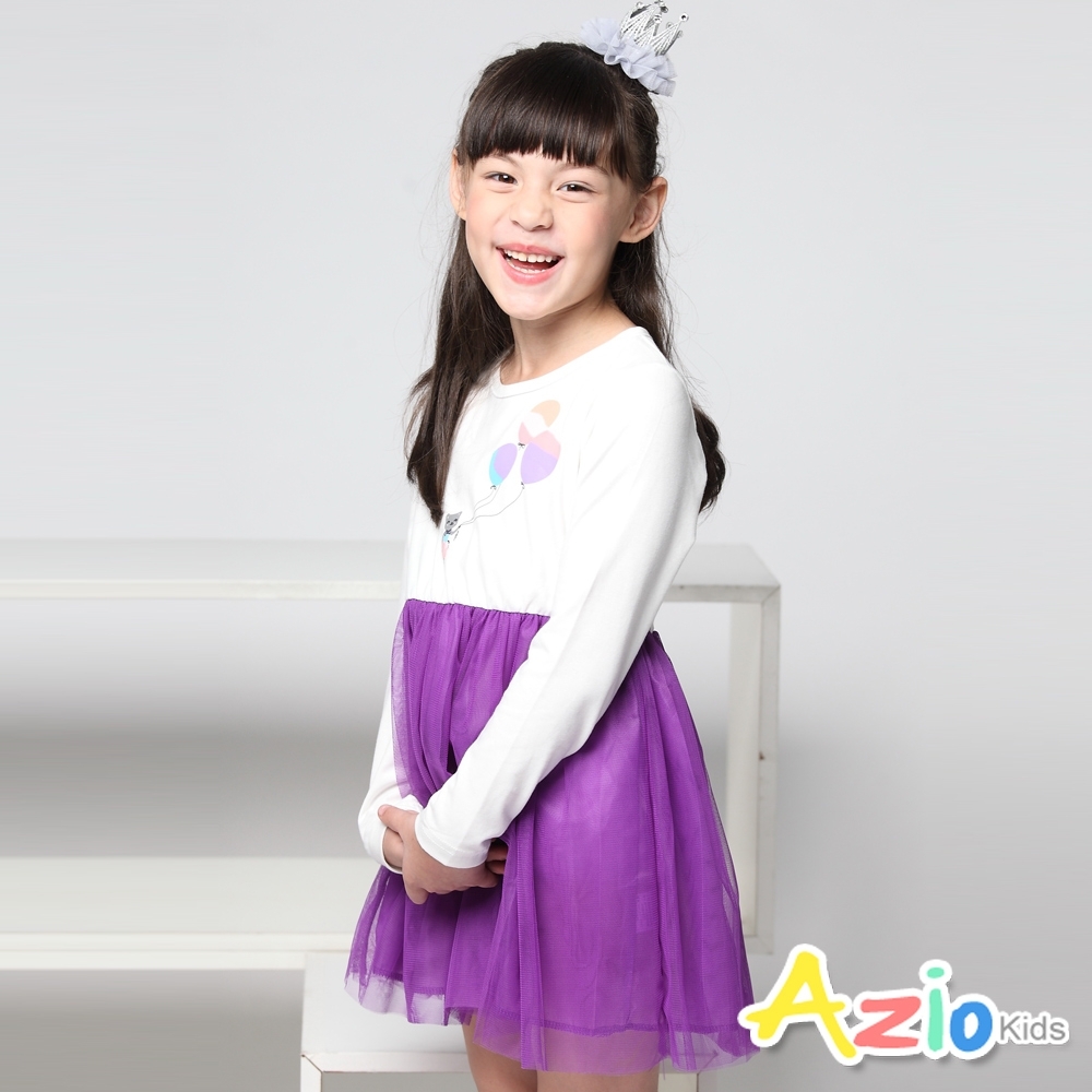 Azio Kids 女童 洋裝 可愛貓咪氣球澎澎紗裙洋裝 (紫)