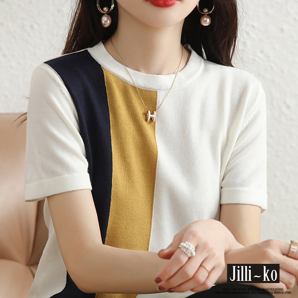 JILLI-KO 新款時尚撞色冰絲針織衫- 白色