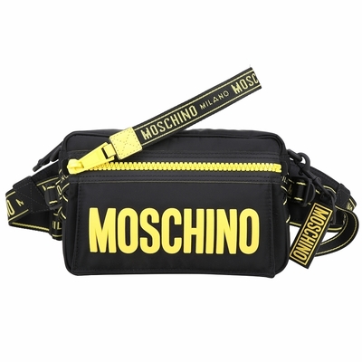 MOSCHINO 矽膠字母拼織帶尼龍胸肩背/腰包(黑x黃)