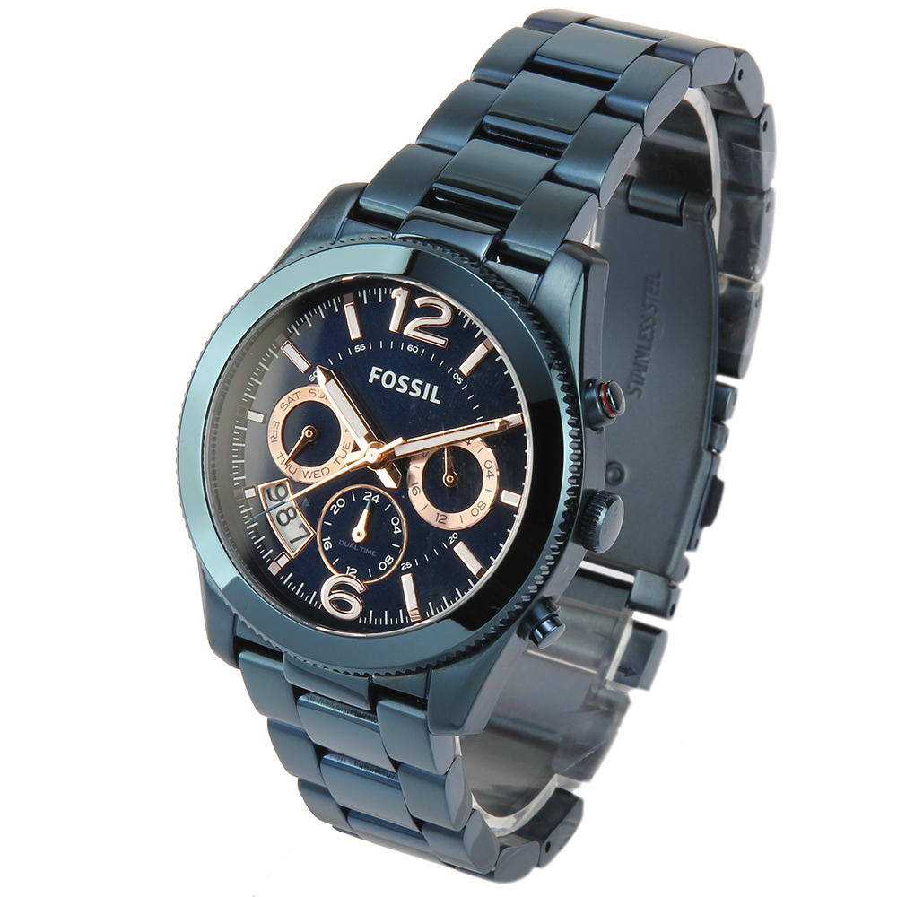 FOSSIL 海軍藍不鏽鋼三眼計時腕錶 -(ES4093)-40mm