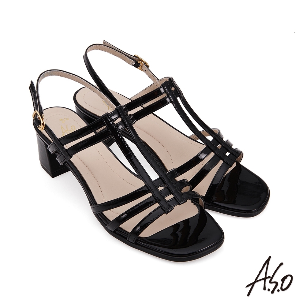 A.S.O 健步美型線條亮眼粗跟涼鞋-黑色