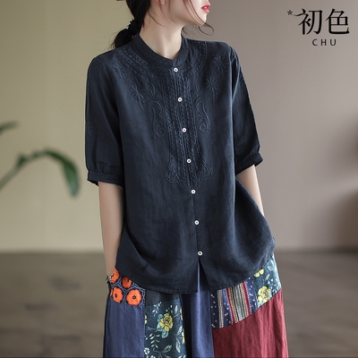 初色 刺繡棉麻風寬鬆立領五分袖短袖襯衫女上衣-共2色-61721(M-2XL可選/現貨+預購)