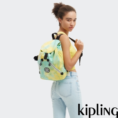 Kipling 黃綠渲染印花雙拉鍊實用後背包-NEW FUNDAMENTAL L