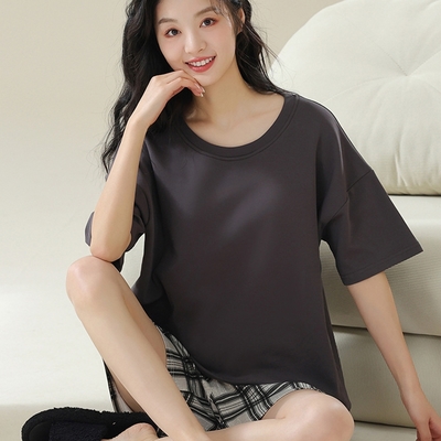 【藍尼居家】現+預 簡約寬鬆帶胸墊家居睡衣(女睡衣/家居服/Bra Top/兩件式套裝)