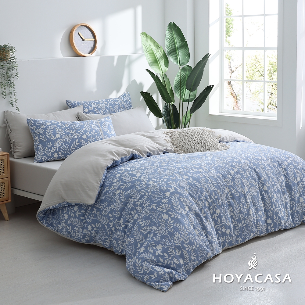 HOYACASA 抗菌雙層好眠紗兩用被床包組-多款任選(雙人/加大 均一價) (千草藍)