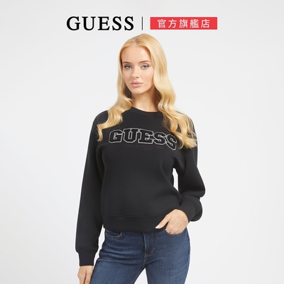 【GUESS】美式LOGO毛呢裝飾大學T-兩色任選