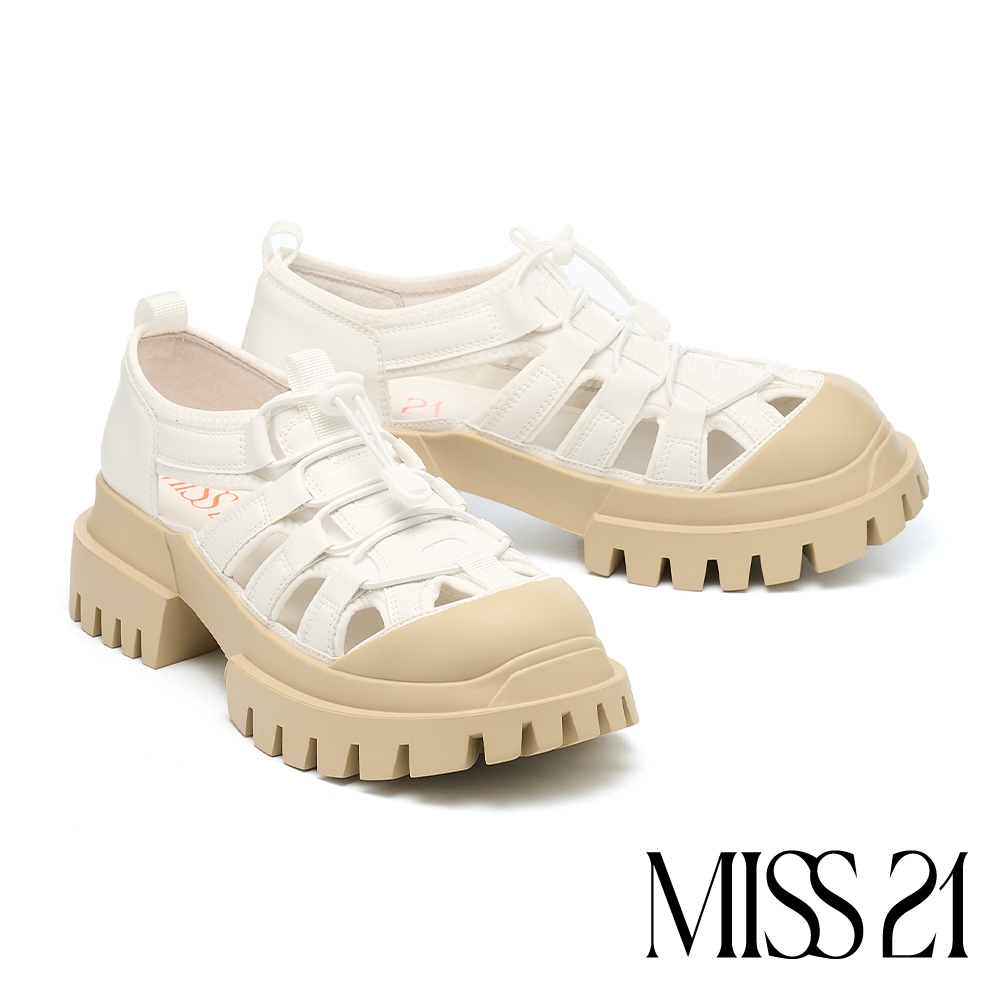 休閒鞋 MISS 21 個性潮酷簍空異材質純色彈力抽繩大頭厚底休閒鞋－白