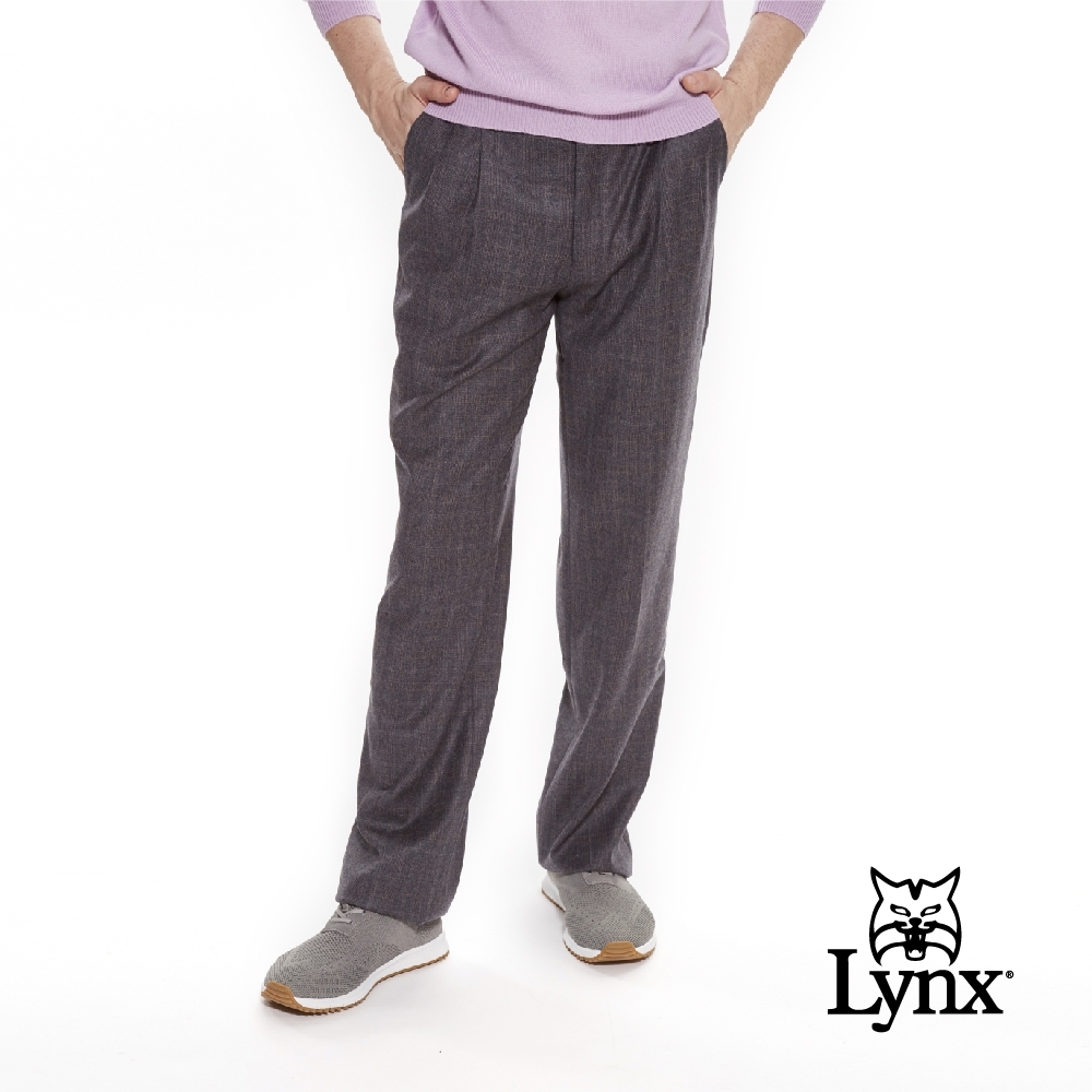 【Lynx Golf】男款歐洲進口布料伸縮腰頭格紋雙折西裝長褲-灰色