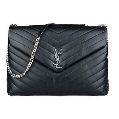 YSL SAINT LAURENT LOULOU銀字LOGO Y字絎縫設計小牛皮釦式鏈帶肩背斜背包(大/黑)