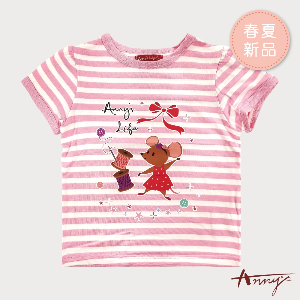 Annys安妮公主-針線小老鼠春夏款休閒條紋短袖上衣*0328粉紅