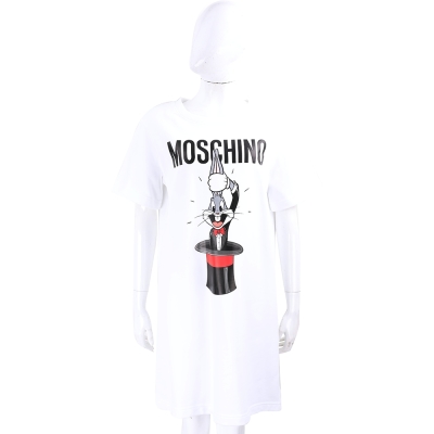 MOSCHINO Looney Tunes 樂一通聯名 魔術帽兔巴哥印花白色長版運動衫 洋裝