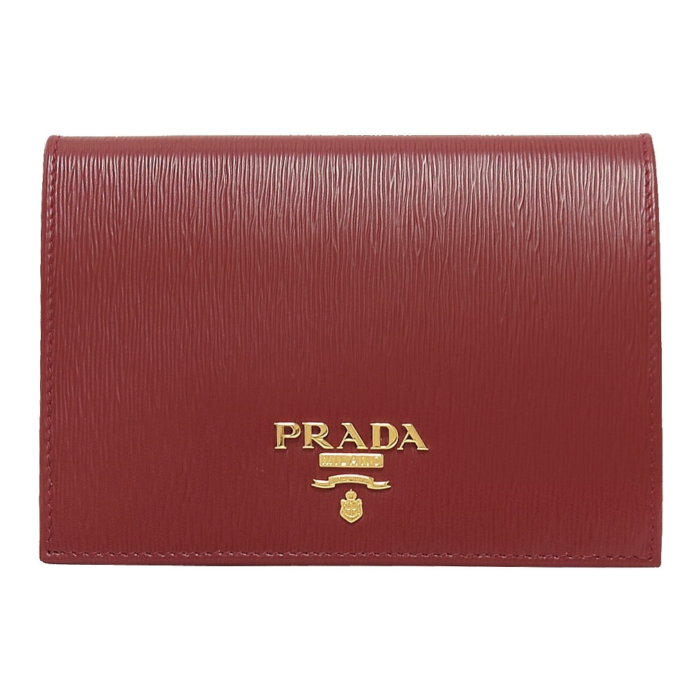 PRADA 金屬LOGO水波紋牛皮釦式護照夾(深紅)