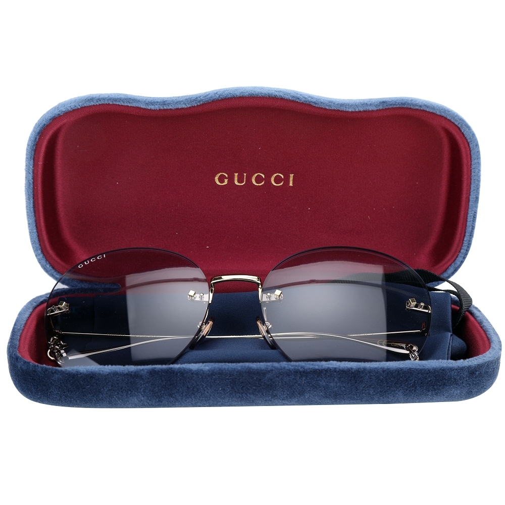 GUCCI 迷鏈系列 花朵眼鏡鏈 無框太陽眼鏡(藍色)