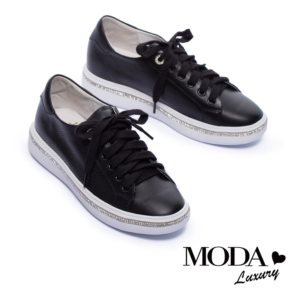 休閒鞋 MODA Luxury 街頭率性綁帶沖孔全真皮厚底休閒鞋－黑
