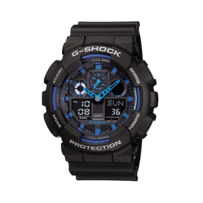 CASIO 卡西歐 G-SHOCK系列 個性機械感三眼雙顯電子錶-黑x藍/55.0mm