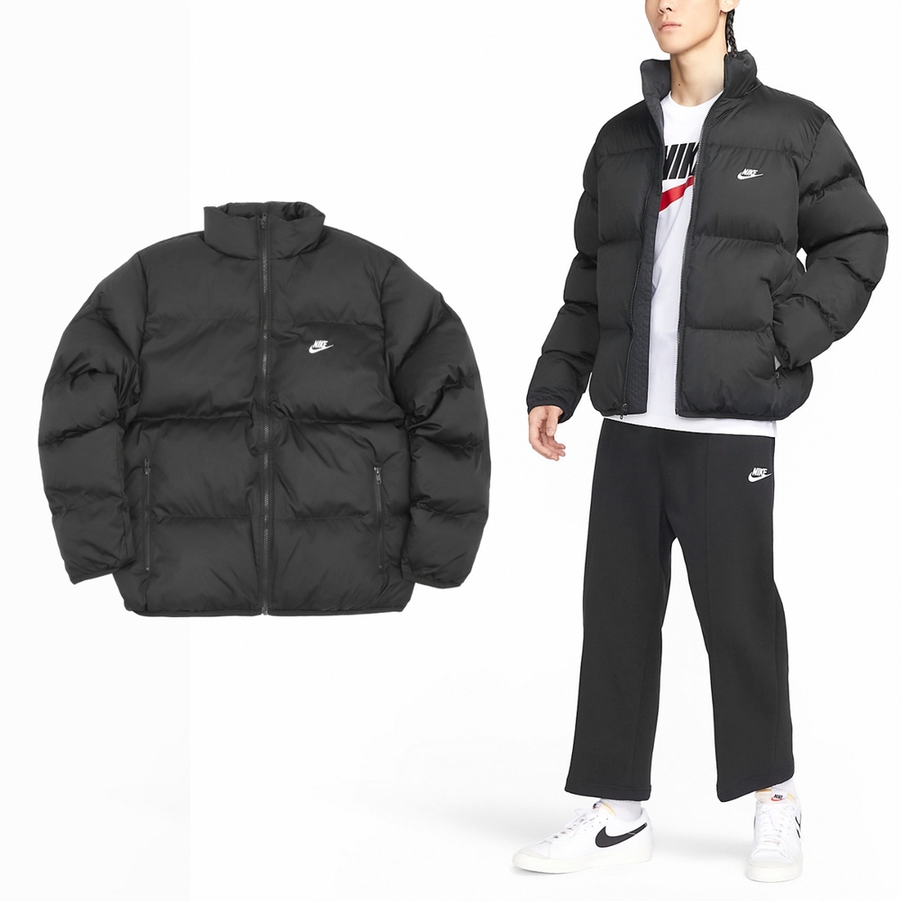 Nike 外套 NSW Club Puffer 男款 黑 白 保暖 防潑水 寬鬆 拉鍊口袋 風衣 夾克 FB7369-010