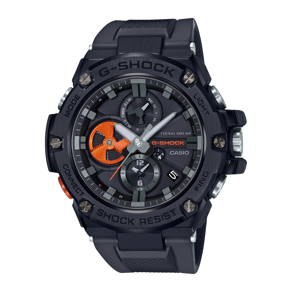 CASIO卡西歐 G-SHOCK 藍牙太陽能手錶-黑橘_ GST-B100B-1A4_53.8mm